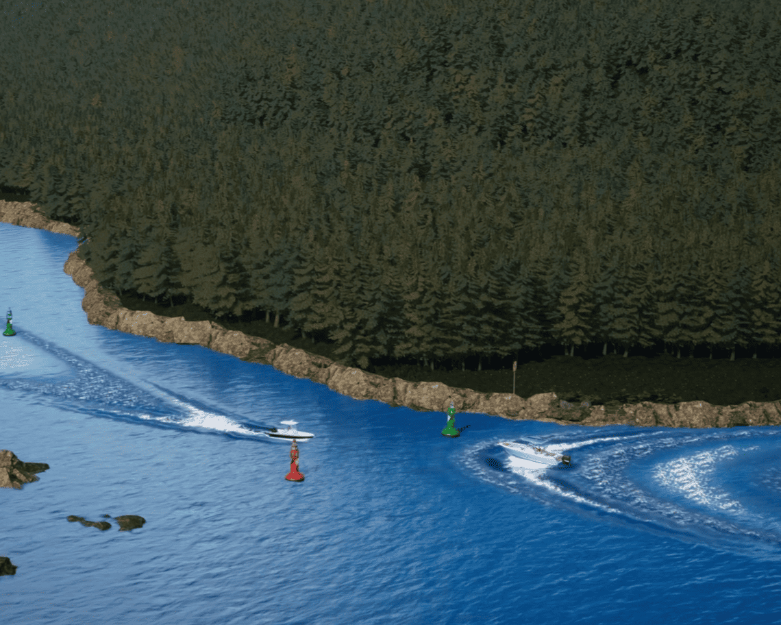 Boote manövrieren durch ein kurviges Fahrwasser mit Tonnen.