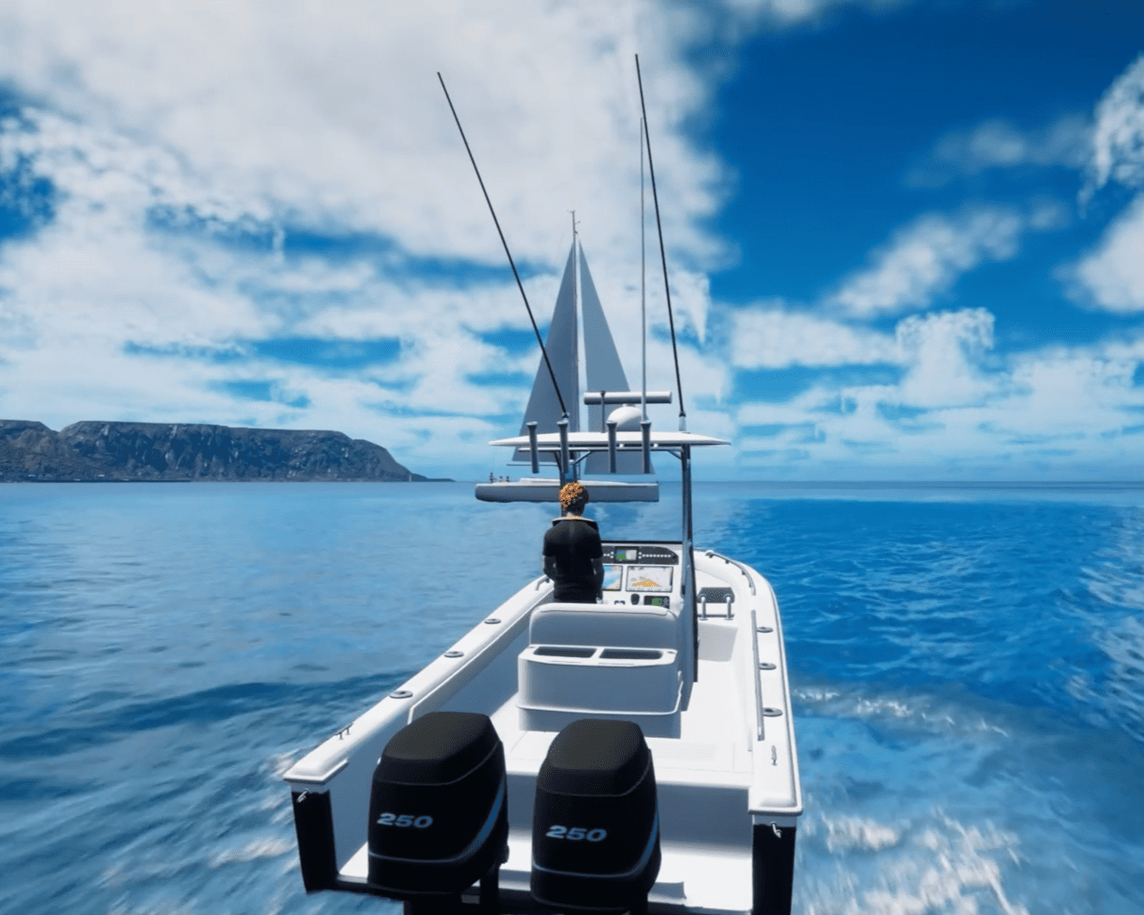 Motorboot auf dem Meer, gesteuert von einer Person beim Online-Bootsführerschein-Training.