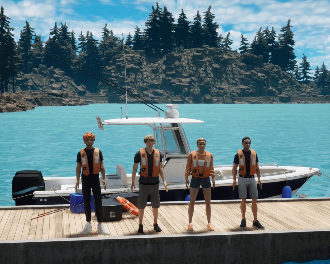 Gruppe von vier Personen mit Schwimmwesten am Steg vor Motorboot.