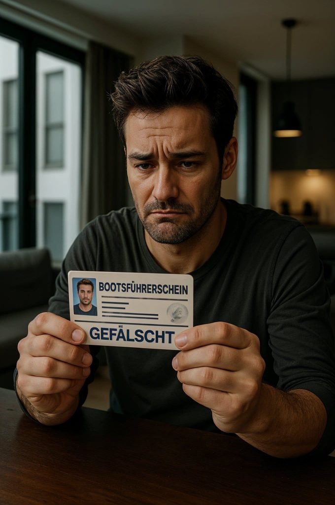 Mann hält gefälschten Bootsführerschein in den Händen und wirkt enttäuscht.