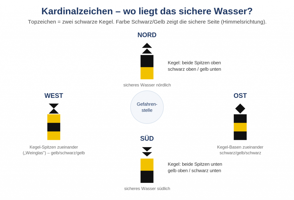 Kardinalzeichen Nord, Ost, Süd und West mit Topzeichen und schwarz-gelber Farbgebung