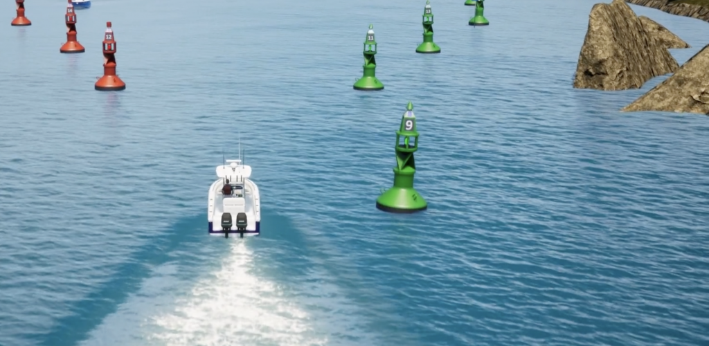 Boot fährt durch eine Fahrrinne mit roten Backbordtonnen links und grünen Steuerbordtonnen rechts