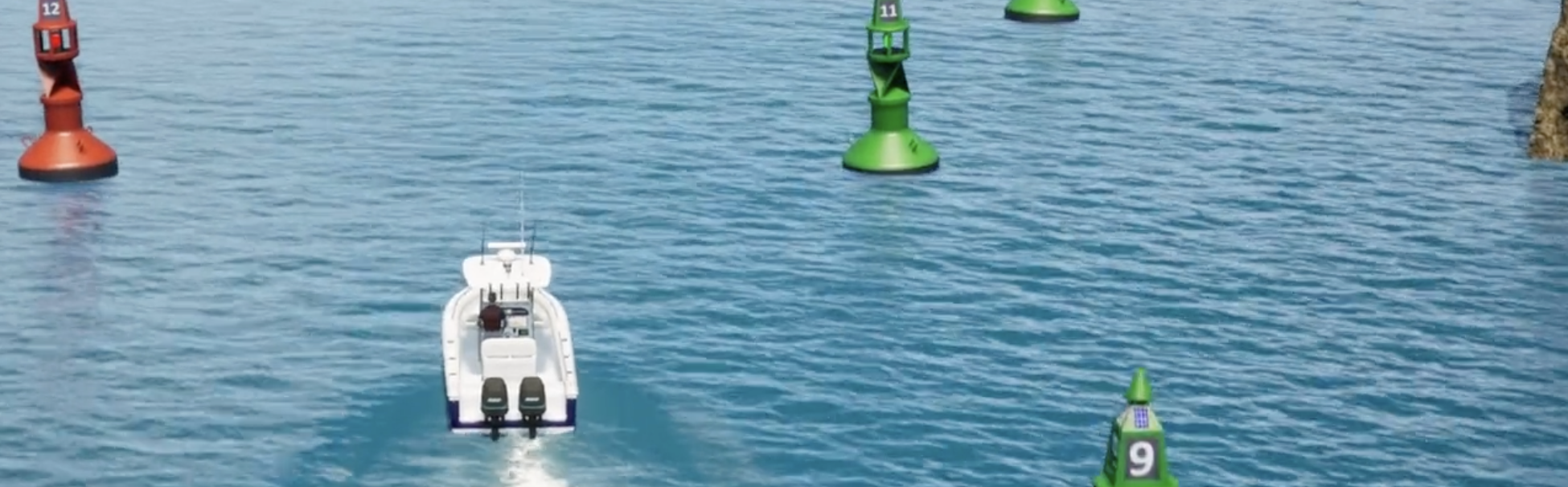Boot fährt durch eine betonnte Fahrrinne mit roten Backbord- und grünen Steuerbordtonnen